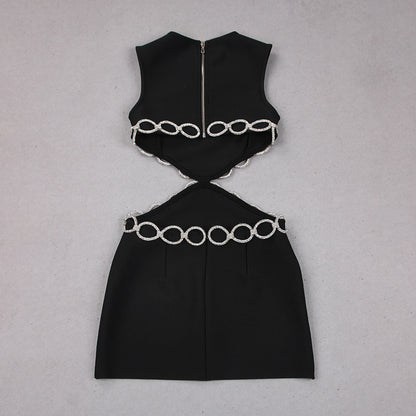 Summer New European and American Sexy Hollow Rhinestone Sleeveless Bandage One-Piece Dress Banquet Party Small Dress