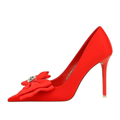 2025 18249-H33 Korean version of fashion banquet high heels thin heel shallow mouth pointed rhinestone bow high heel single shoes women