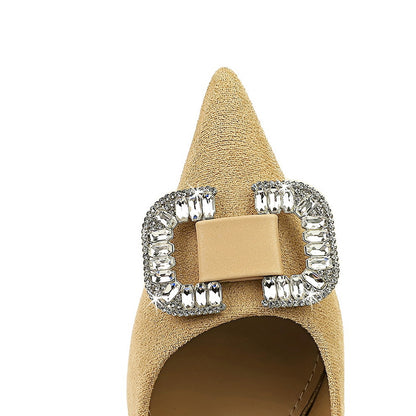 2025 825-K69 Korean version of fashion banquet high heels stiletto women's shoes suede shallow mouth pointed metal rhinestone buckle single shoes