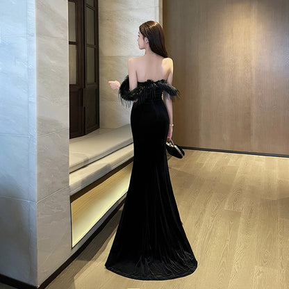 Fur Collar Sexy Tube Top Package Hip Mopping Floor Female Dress Elegant Backless Night Show Dress Car Model Annual Party Evening Dress