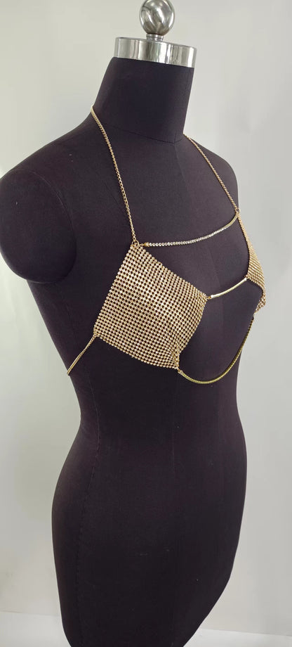 2025  MW3182 2025 vest rhinestone inlaid diamond cloth chain connected neck halter top small vest body chain
