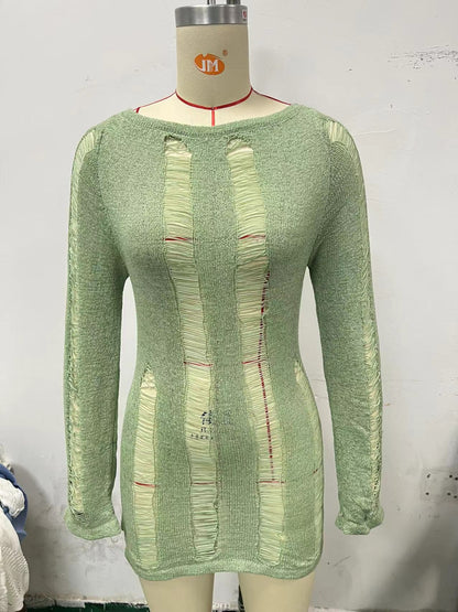 Long Sleeve Hollow-out Backless Dress Sexy Tight Hollowed-out Sheath Woolen  Spring and Summer New European and American Women's Clothing Dress