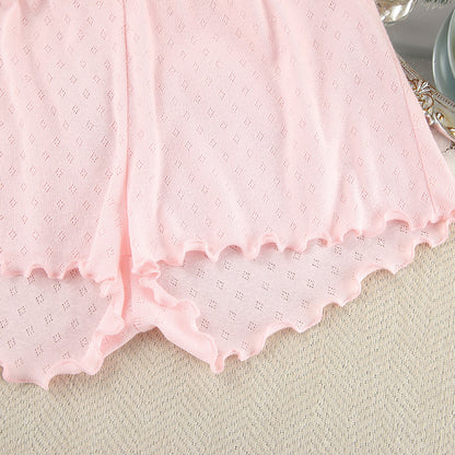 VAKKV 2025 new comfortable and loose two-piece loungewear women's knitted hollow suspender shorts pajamas
