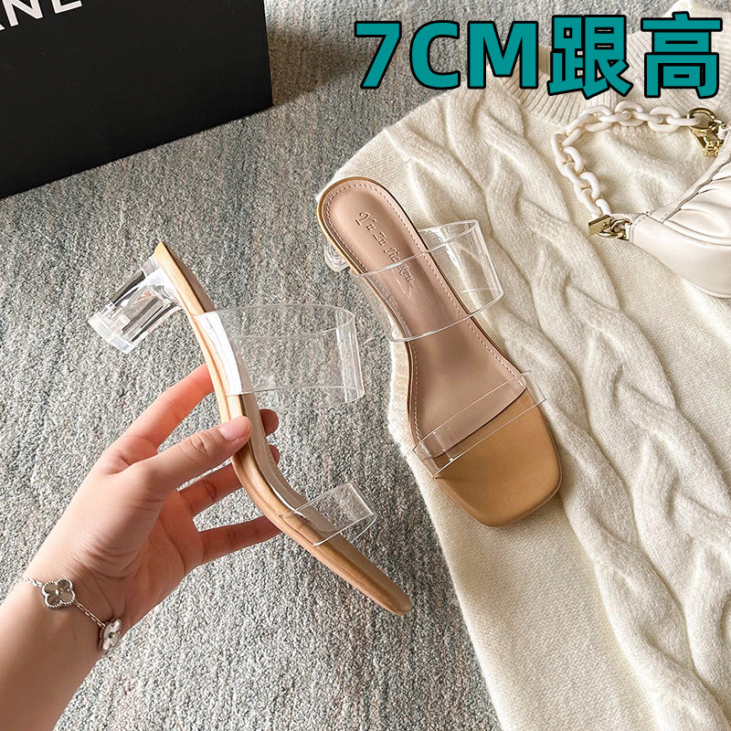 Size 32-Size 43  New Summer New Transparent Ankle-Strap Chunky Heel High Heel Slippers Outdoor Slipper