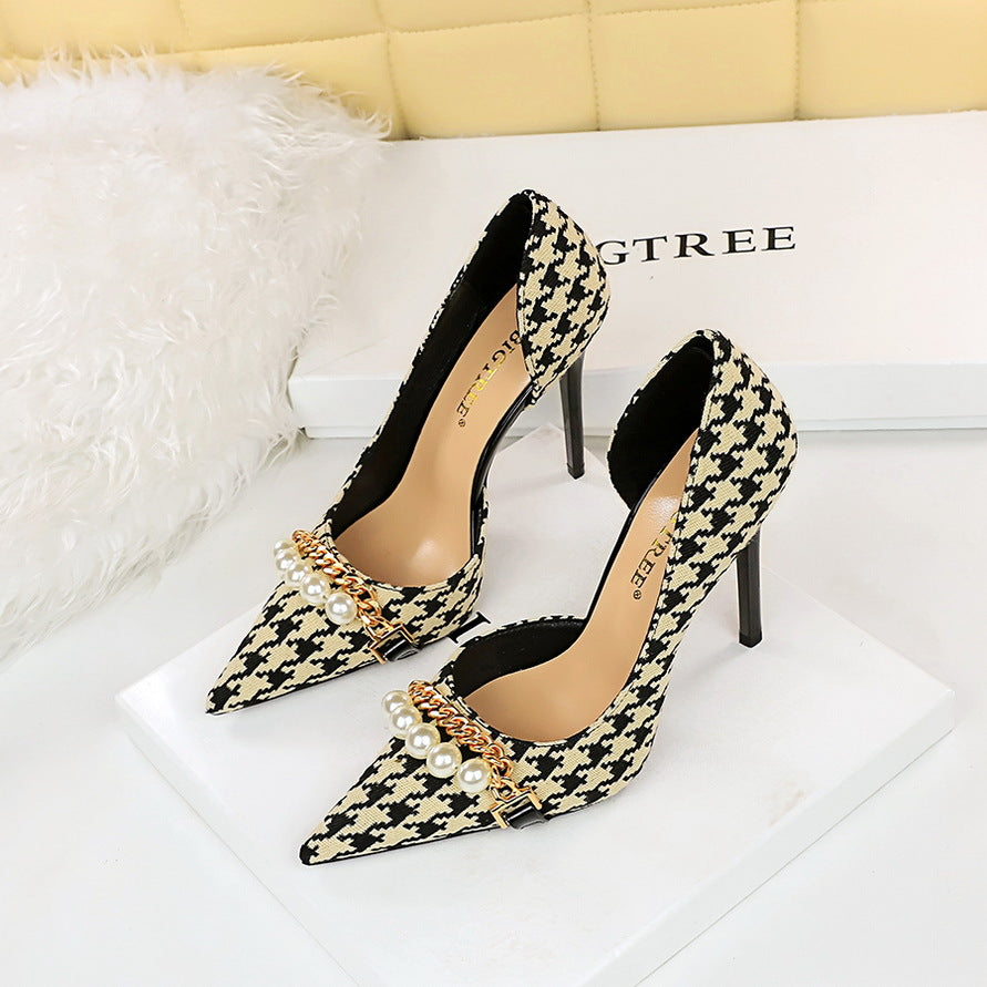 2025 8829-1 [Customized] High heels plaid pattern side hollow thousand bird grid pearl metal chain super high heel single shoes
