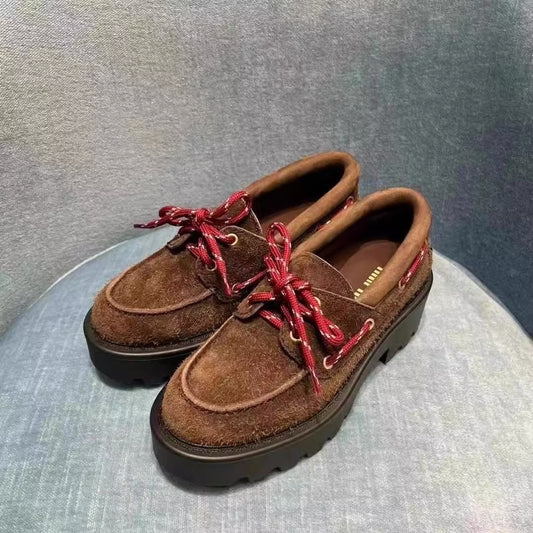 2025 Cowhide version~ miu's retro platform heightening loafers women's genuine leather single shoes British style lace-up brown small leather shoes