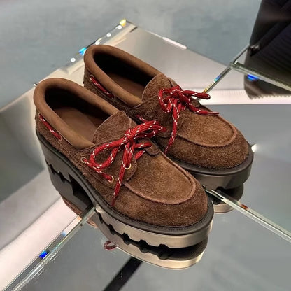 2025 Cowhide version~ miu's retro platform heightening loafers women's genuine leather single shoes British style lace-up brown small leather shoes