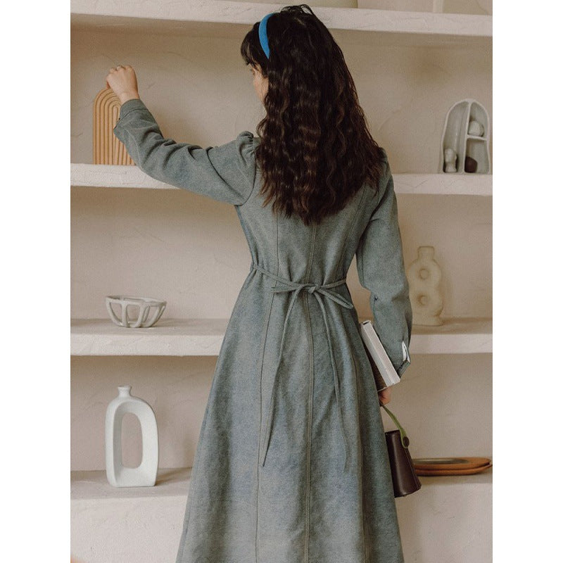 Autumn new retro Hong Kong style POLO collar design single breasted denim dress made of vintage French shirt long skirt