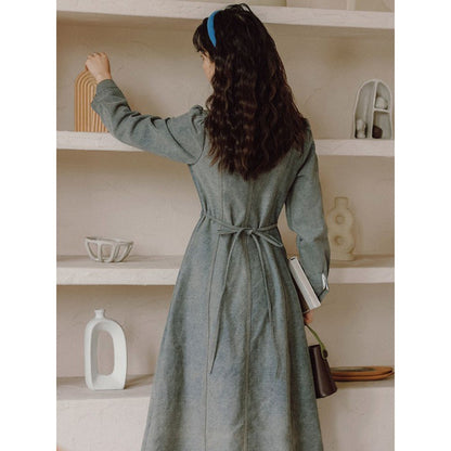 Autumn new retro Hong Kong style POLO collar design single breasted denim dress made of vintage French shirt long skirt