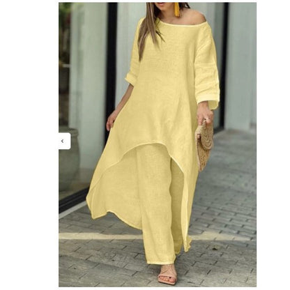 European and American New Women's Clothing Cotton and Linen Fashion Casual plus Size Irregular Long Sleeve Suit Wide Leg Pants Two-Piece Set