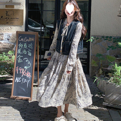 New Chinese ink painting dress set women's 2025 spring clothes new temperament gentle wind denim vest two-piece set
