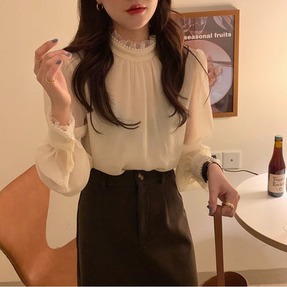 2025  elegant delicate pearl lace semi-turtleneck thin micro-transparent bubble sleeve top