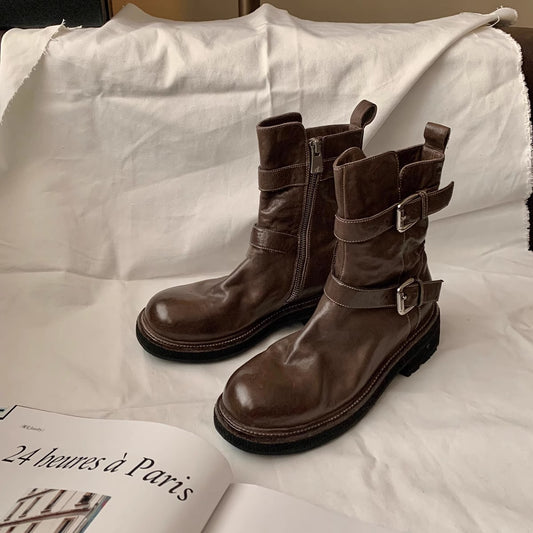 2025 Cowhide version~ Grape mother same shoes washed with shrinkage pattern cowhide belt buckle thick heel thick sole thin short boots autumn and winter