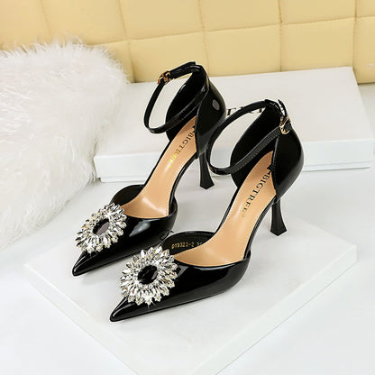 2025 8323-K29  style high heels, shallow mouth pointed head hollow sunflower rhinestone buckle with sandals women's high heels