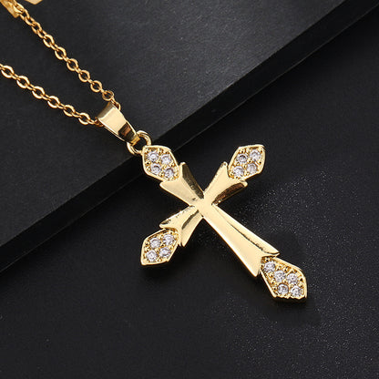 INS Vintage Gold Cross Necklace Personalized Pendant Zircon European and American Style Necklace Special-Interest Design Titanium Steel Clavicle Chain