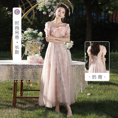 VSKKV Bridesmaid Dress Wedding Daily Style High-Grade Niche Pink Fairy Temperament Small Size Sisters Group Evening Dress for Women