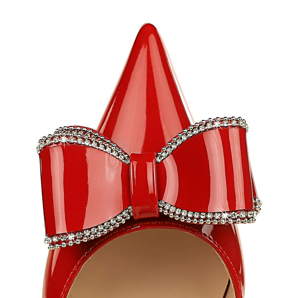 2025 638-AH35  style fashion banquet women's shoes high heel shallow mouth pointed head patent leather side empty rhinestone bow single shoes