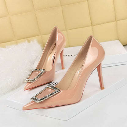 2025 6122-3K66 banquet high heels women's shoes thin heel super high heel patent leather shallow mouth pointed rhinestone metal buckle single shoes
