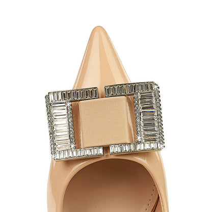 2025 1961-K71  style fashion banquet spring and autumn women's shoes middle heel patent leather shallow mouth pointed metal rhinestone buckle single shoes