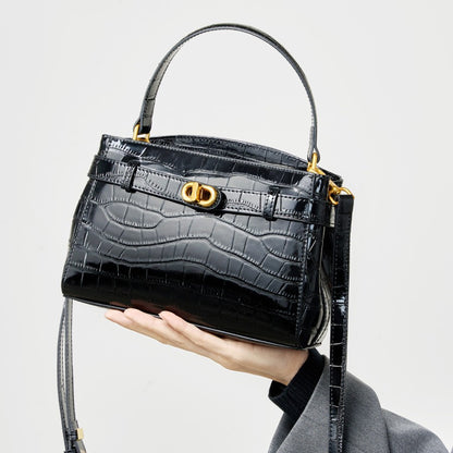 2025 new leather portable Kelly bag crocodile pattern texture commuter shoulder women's bag lock small square bag