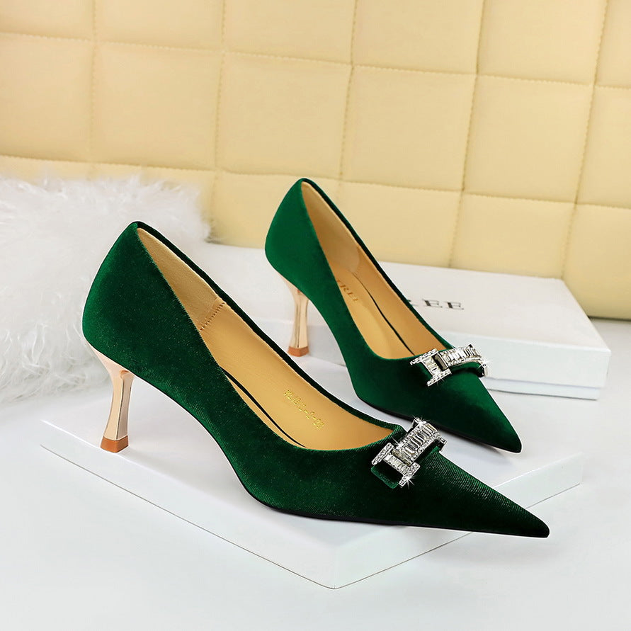 2025 1818-K80 banquet women's shoes high heels Xishi suede shallow mouth pointed rhinestone buckle metal decorative high heel single shoes