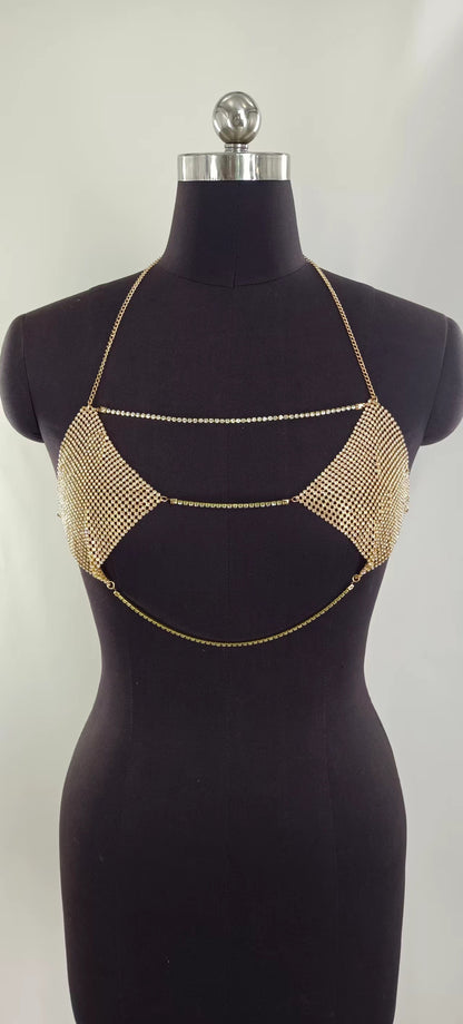 2025  MW3182 2025 vest rhinestone inlaid diamond cloth chain connected neck halter top small vest body chain