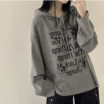 VAKKV Manufacturer waffle hooded autumn thin sweater large size fat mm loose Korean version ins velvet lazy wind outside