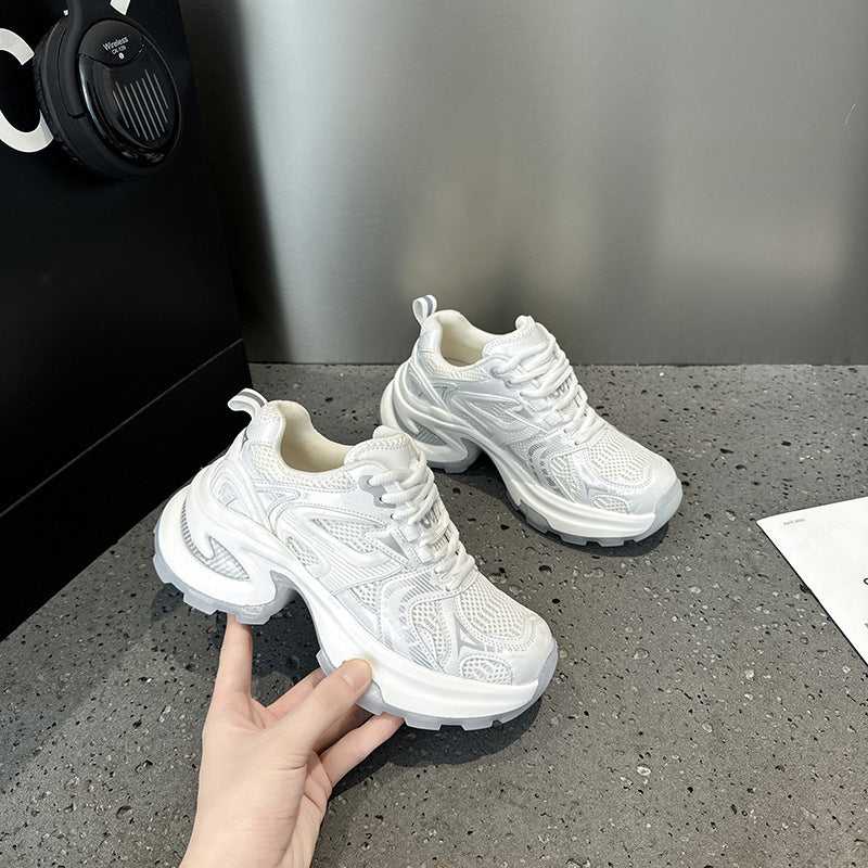 2025 spring and summer trendy silver thick-soled heightening dad shoes women's mesh breathable versatile casual sports shoes ins