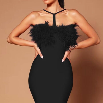VAKKV 2025 2023  New  style neck splicing feather tube top hip dress party dress female Popular trade