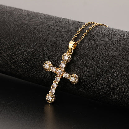 INS Vintage Gold Cross Necklace Personalized Pendant Zircon European and American Style Necklace Special-Interest Design Titanium Steel Clavicle Chain