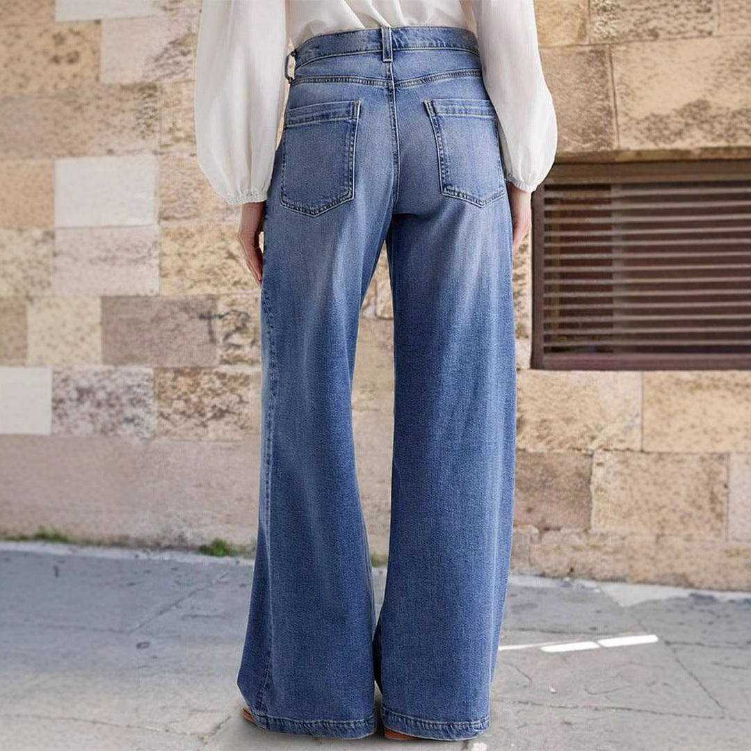VAKKV 2025 spring new 2025 cross-border retro wide-leg jeans women's embroidered elastic straight pants casual trousers