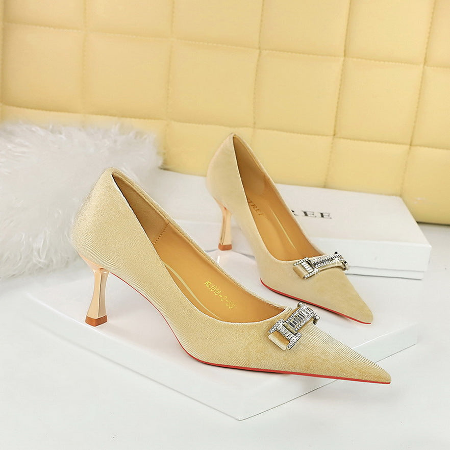 2025 1818-K80 banquet women's shoes high heels Xishi suede shallow mouth pointed rhinestone buckle metal decorative high heel single shoes