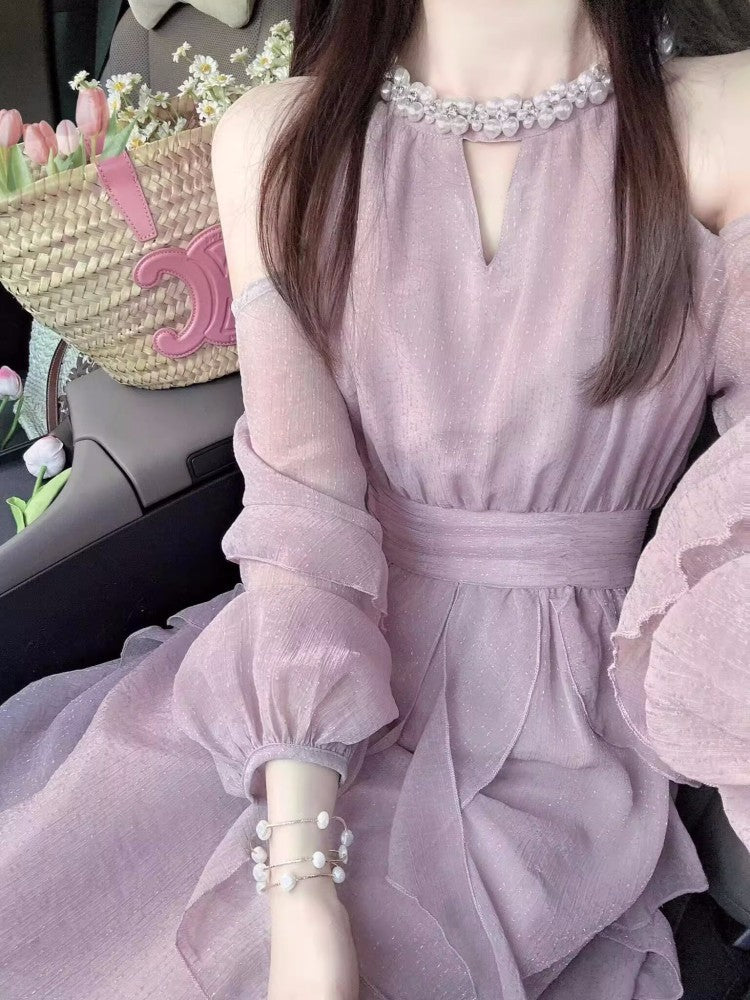 VAKKV  Purple Halter off-the-Shoulder Dress Women's Fall  New Design Sense Temperament Waist-Controlled Slimming Long Dress
