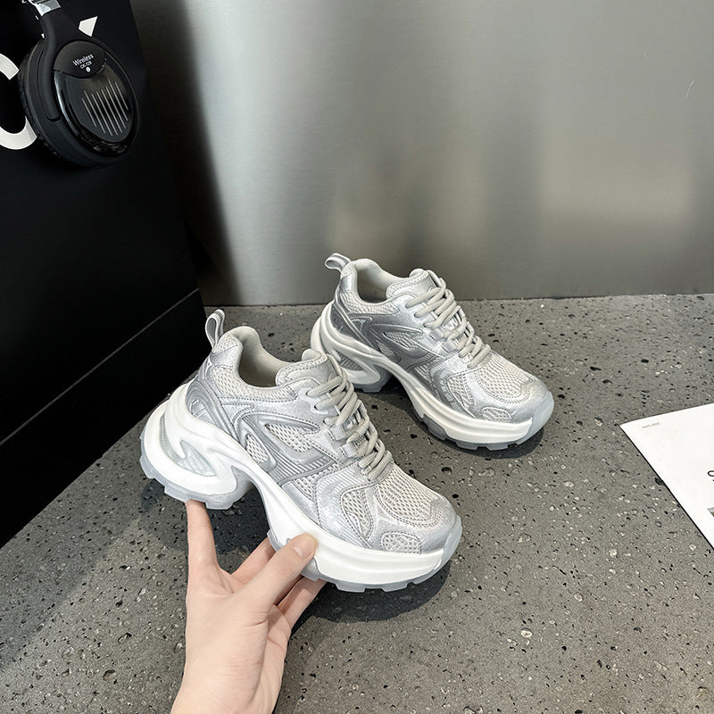 2025 spring and summer trendy silver thick-soled heightening dad shoes women's mesh breathable versatile casual sports shoes ins