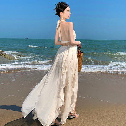 2025 Sexy temperament heavy industry neck suspender dress women's summer long dress white backless seaside vacation beach dress