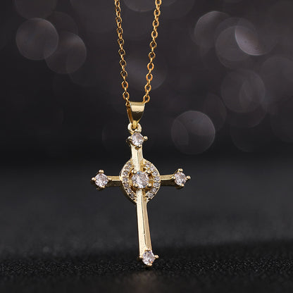 INS Vintage Gold Cross Necklace Personalized Pendant Zircon European and American Style Necklace Special-Interest Design Titanium Steel Clavicle Chain