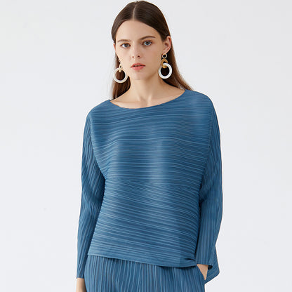 Spring and summer temperament two-piece women's suit new women's crew neck top long-sleeved pleated casual pants two-piece set