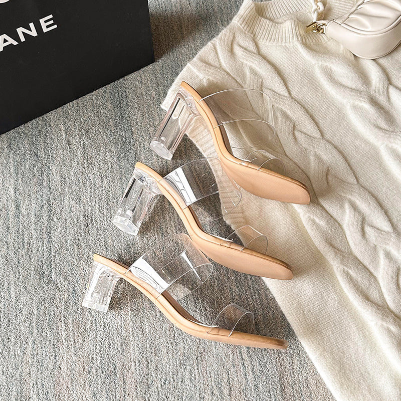 Size 32-Size 43  New Summer New Transparent Ankle-Strap Chunky Heel High Heel Slippers Outdoor Slipper