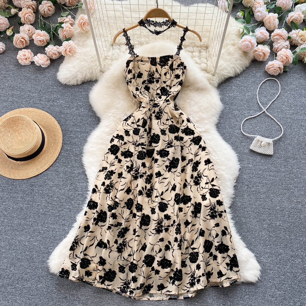VAKKV Vintage Black Floral Dress Summer Women Holiday Dress P224