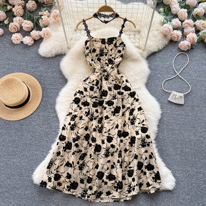 VAKKV Vintage Black Floral Dress Summer Women Holiday Dress P224