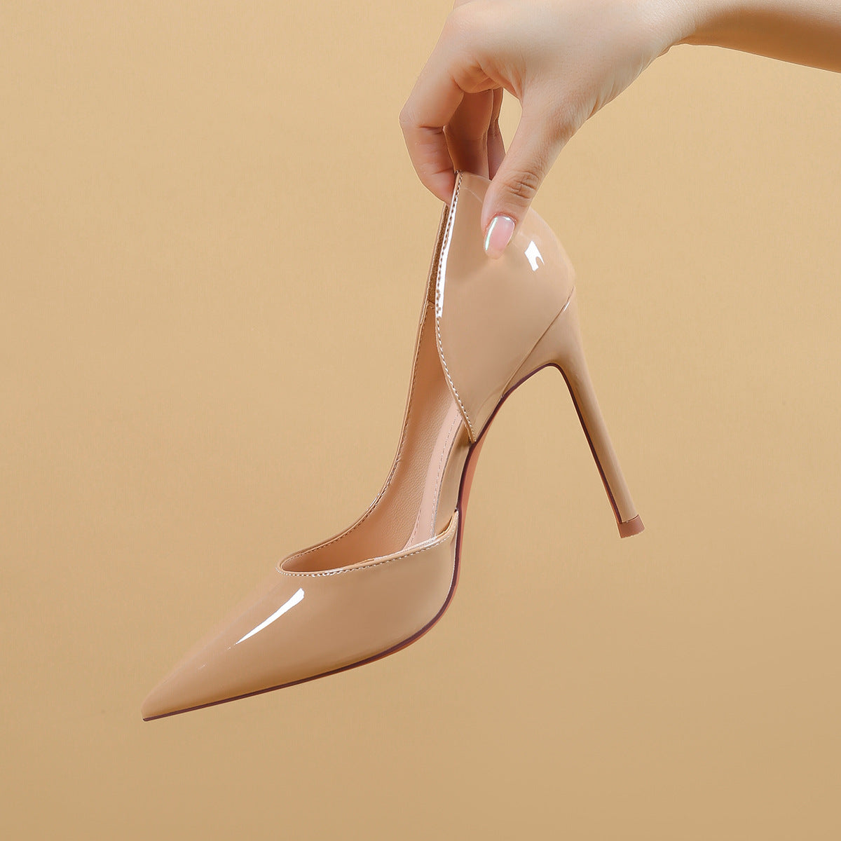 Side Empty Nude High Heels Female  New Girl  Stiletto Heel All-Matching Sexy Pointed Mesh Red Patent Leather Pumps