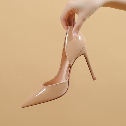 Side Empty Nude High Heels Female  New Girl  Stiletto Heel All-Matching Sexy Pointed Mesh Red Patent Leather Pumps