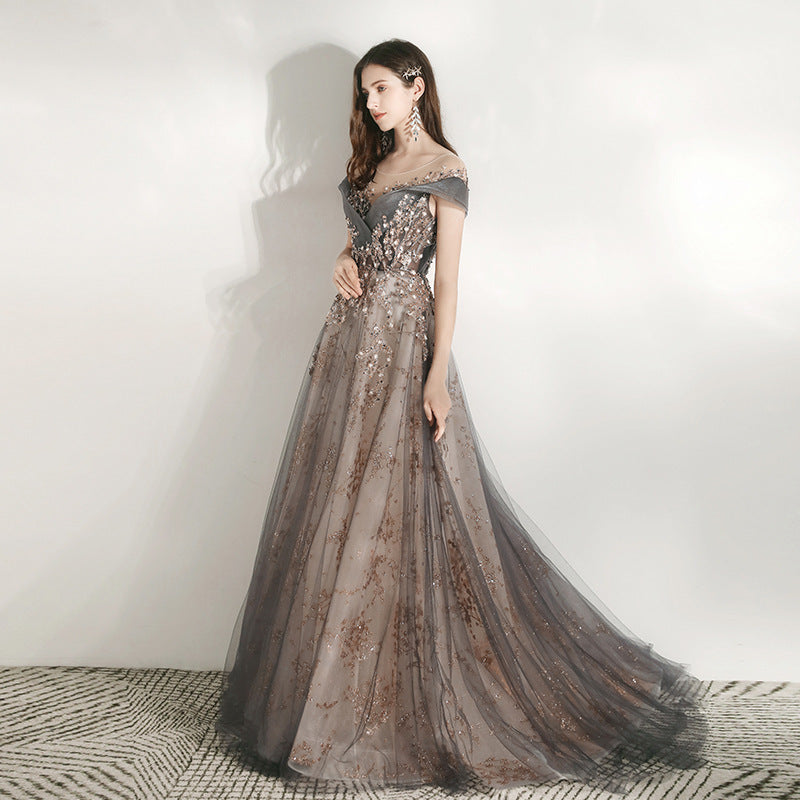 VAKKV  Banquet Evening Dress Women's V-neck  New Host Long Slimming Heavy Handmade Annual Meeting Art Exam European and American Dress