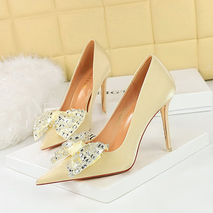 2025 1829-H9  banquet women's shoes metal heel super high heel satin light mouth pointed rhinestone bow single shoes
