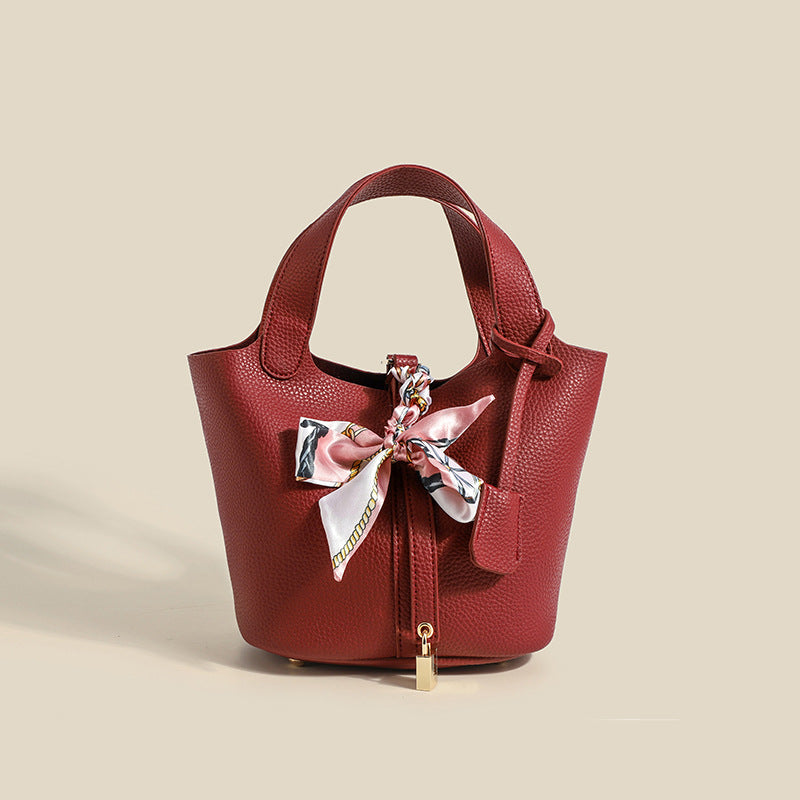 2025 popular New Women's Bag Lychee Pattern Soft Leather Vegetable Basket Bag Fashion Shoulder Bag Simple Versatile Handbag Bucket Bag