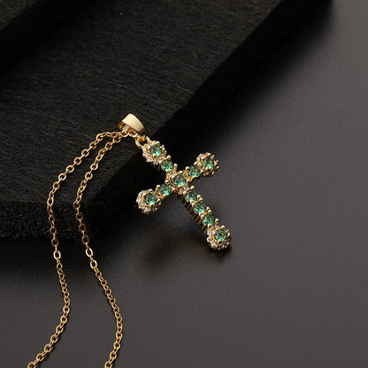 INS Vintage Gold Cross Necklace Personalized Pendant Zircon European and American Style Necklace Special-Interest Design Titanium Steel Clavicle Chain