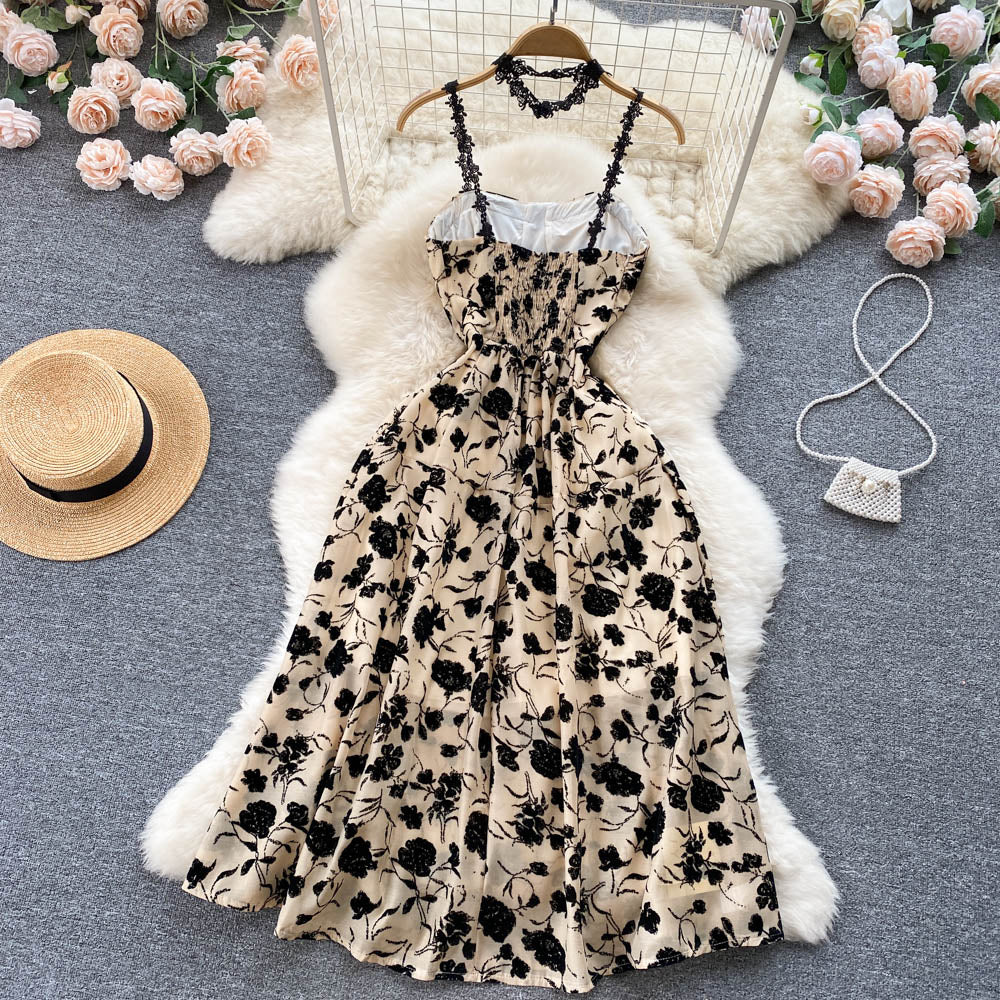 VAKKV Vintage Black Floral Dress Summer Women Holiday Dress P224