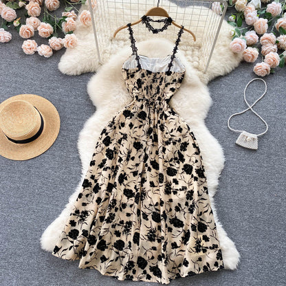 VAKKV Vintage Black Floral Dress Summer Women Holiday Dress P224