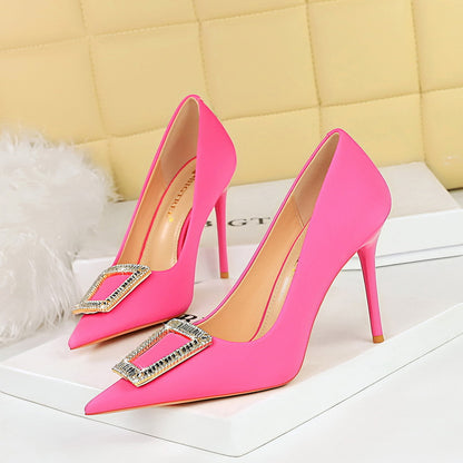 2025 3265-K8 Korean version of fashion banquet high heels thin heel shallow mouth pointed metal buckle rhinestone buckle high heel single shoes women