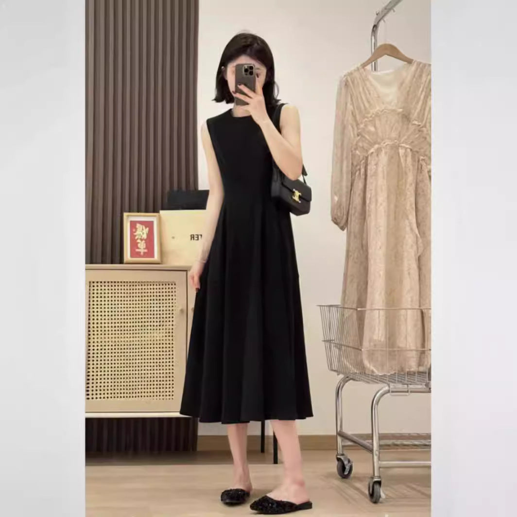 Black High-End Exquisite Dress  Spring New Women's Hepburn Style Slimming Vest Long Dress with High Texture